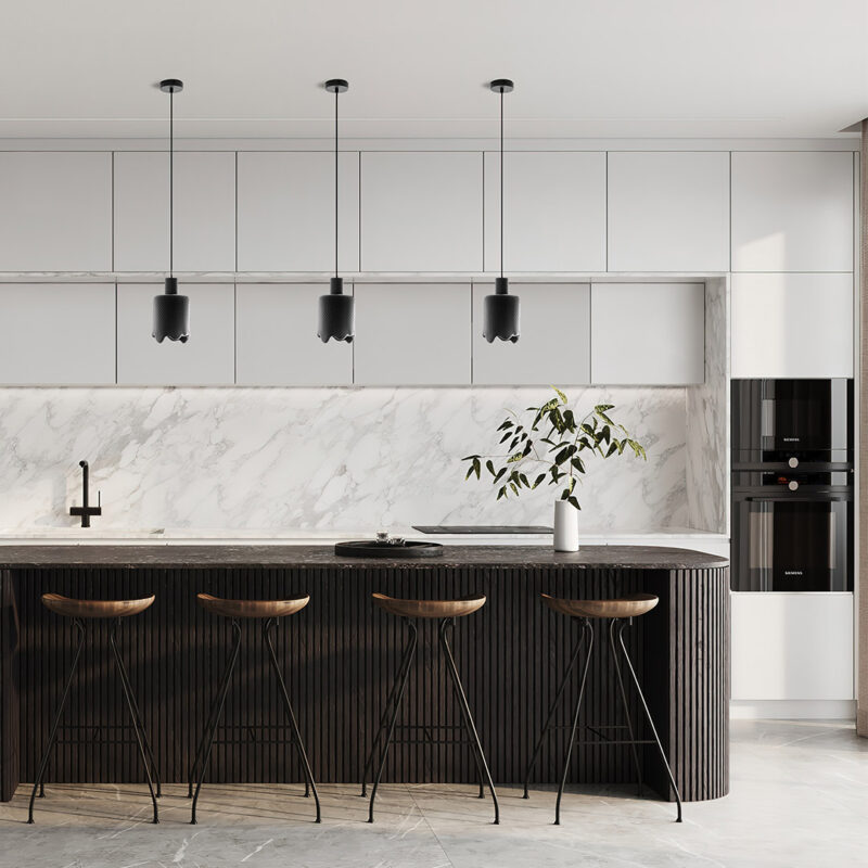 halblang-klecks-focus-schwarze pendelleuchte über tisch in offener küche modern design