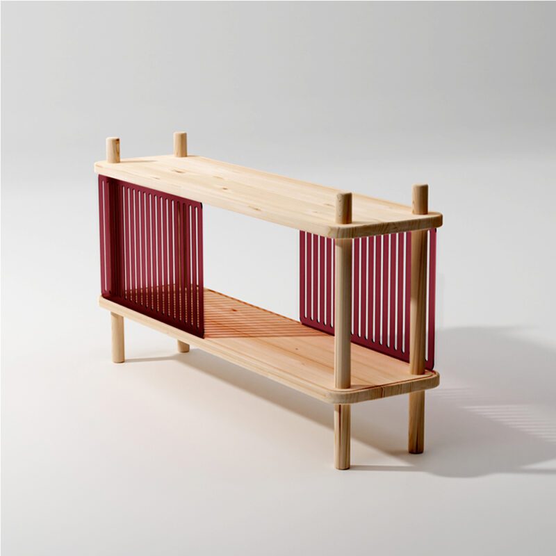 Das design Lowboard blendend aus Esche Massivholz mit verschiebbaren Blenden aus rotem Plexiglas