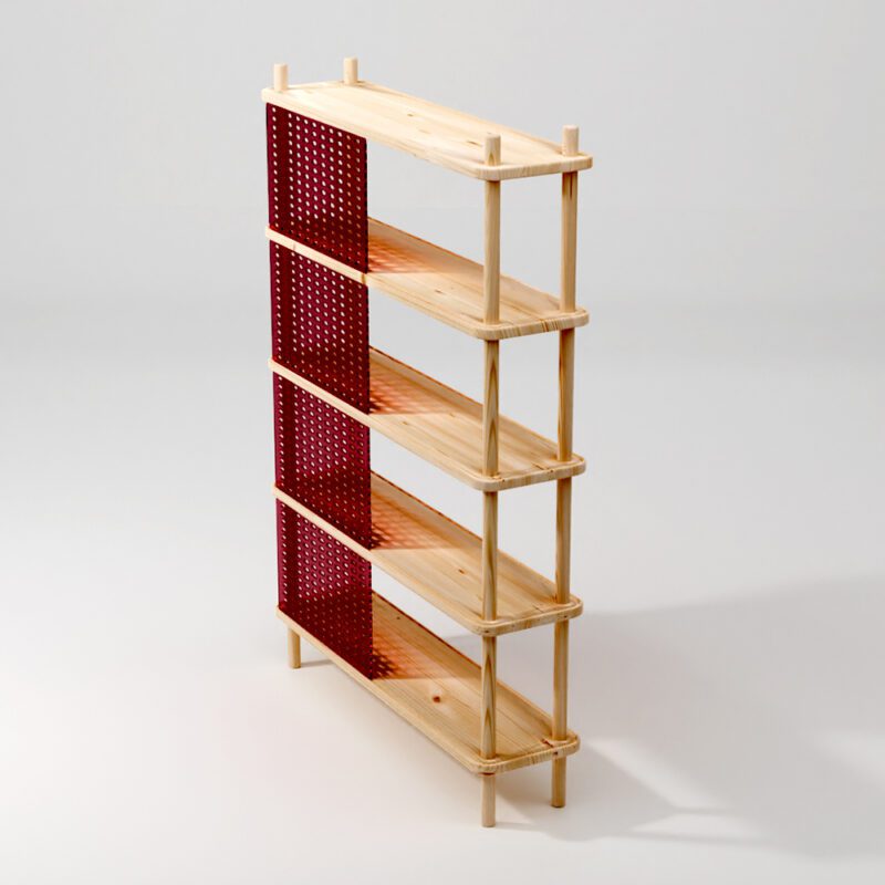 Das Bücherregal blendend 4 aus Esche Massivholz mit verschiebbaren Blenden aus rotem Plexiglas Massivholzregal