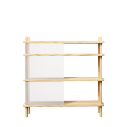 japandi möbel aus esche massivholz. ein sideboard, halboffen mit weißen schiebeblenden aus plexiglas