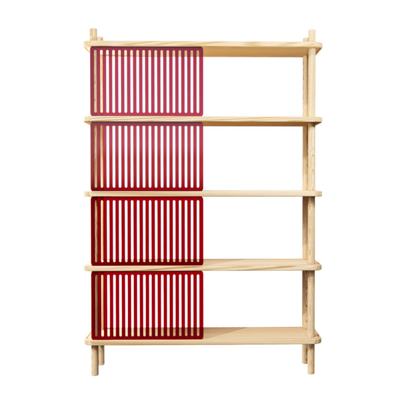 Bücherregal blendend 4 aus Esche Massivholz mit verschiebbaren Blenden aus rotem Plexiglas