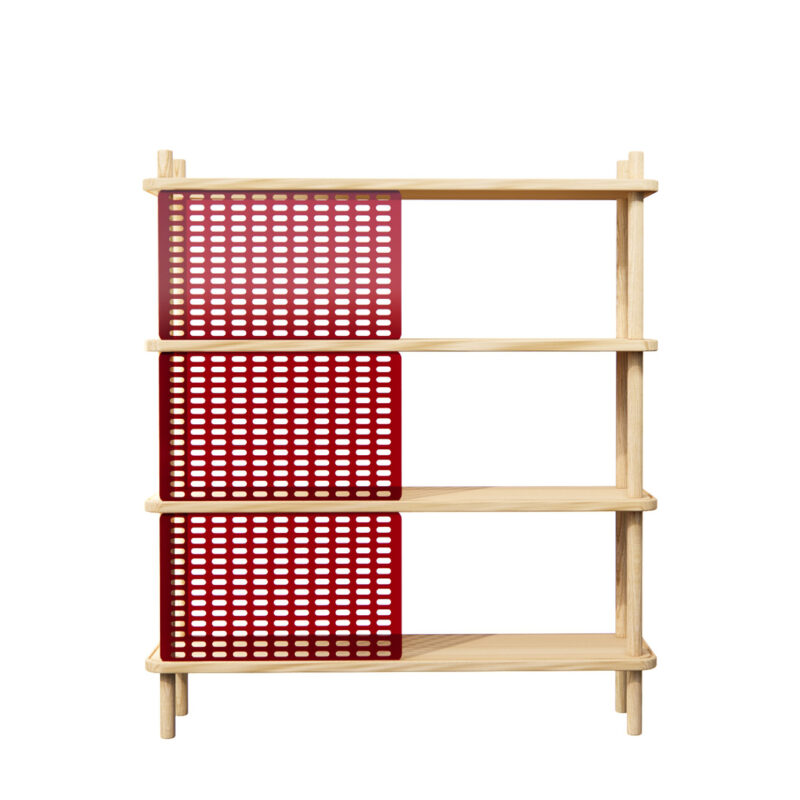 Das Regal blendend 3 aus Esche Massivholz mit verschiebbaren Blenden aus rotem Plexiglas