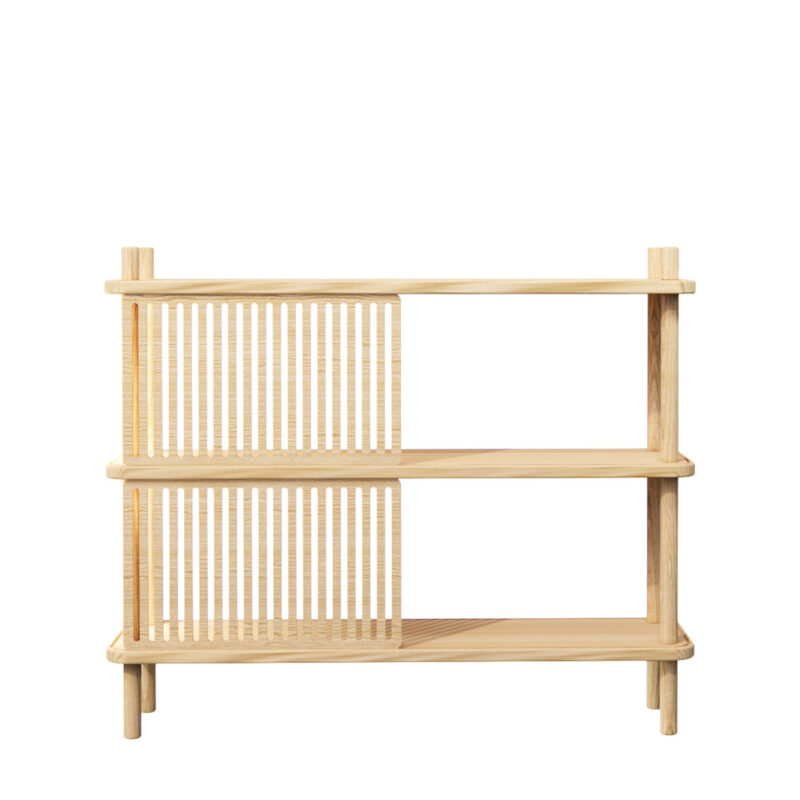 minimalistisches Regal blendend 2 aus Esche Massivholz mit verschiebbaren Blenden