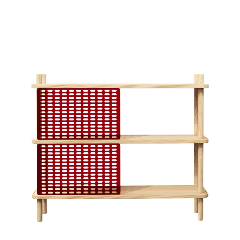 Sideboard regal blendend 2 aus Esche Massivholz mit verschiebbaren Blenden aus weinrotem Plexiglas