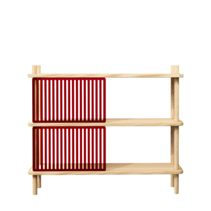 Sideboard blendend 2 aus Esche Massivholz mit verschiebbaren Blenden aus rotem Acrylglas
