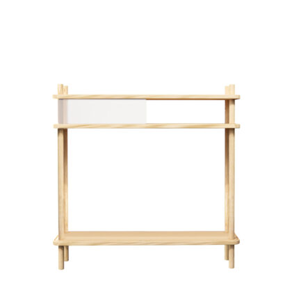 japandi möbel aus esche massivholz. ein sideboard, halboffen mit weißen schiebeblenden aus plexiglas