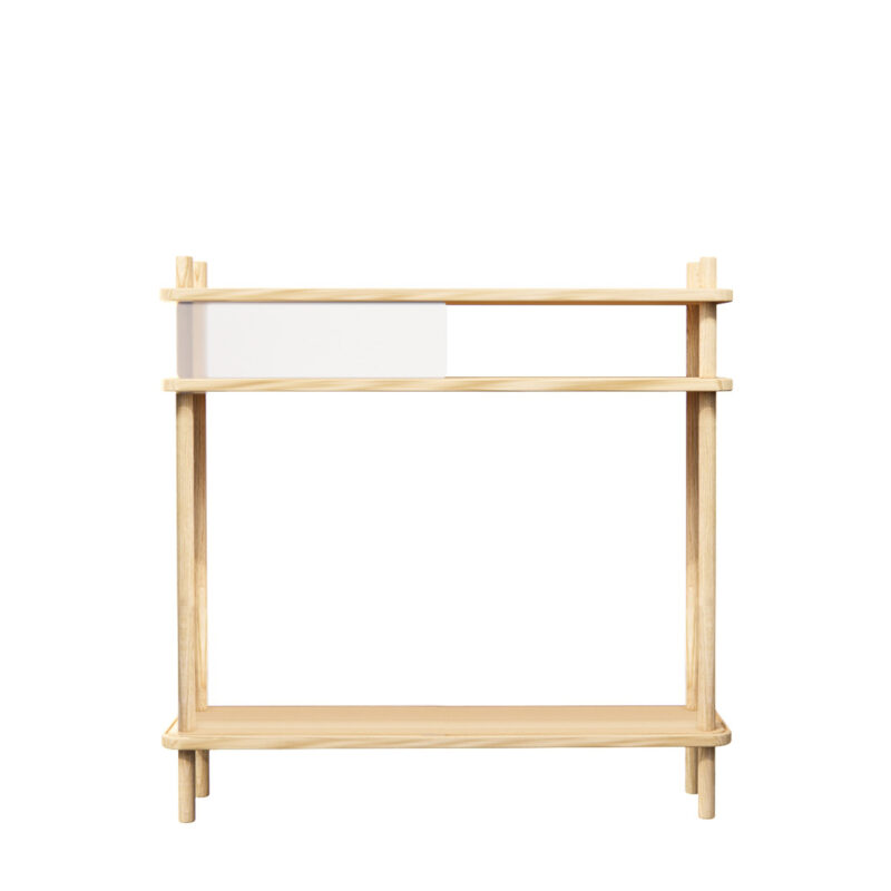 japandi möbel aus esche massivholz. ein sideboard, halboffen mit weißen schiebeblenden aus plexiglas